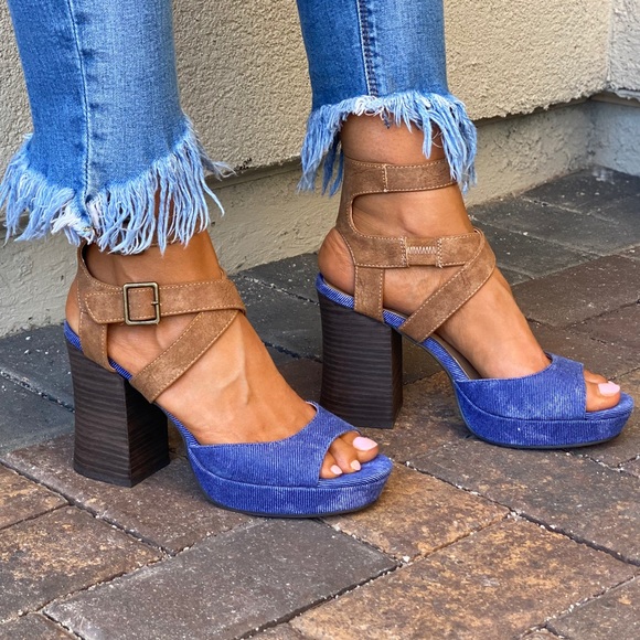 Denim/Tan Color Block Chunky Heel Platform Sandal - Picture 8 of 13